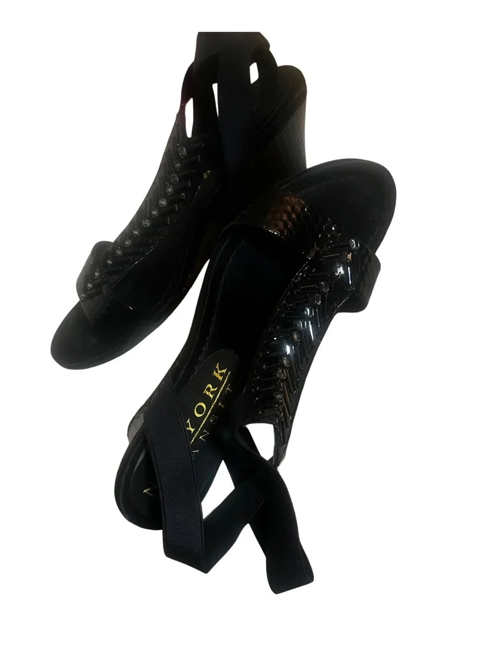 New York Transit Black Wedge Sandals with Textured Strap